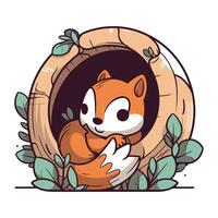 schattig tekenfilm eekhoorn in een gat met bladeren. vector illustratie.