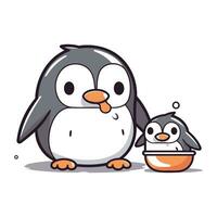 schattig pinguïn met een kom van voedsel. vector illustratie.