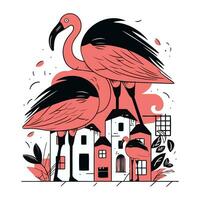 flamingo vogel Aan de achtergrond van huizen. vector illustratie.