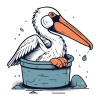 vector illustratie van een pelikaan in een emmer. tekenfilm stijl.