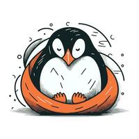 schattig tekenfilm pinguïn zittend in een nest. vector illustratie.