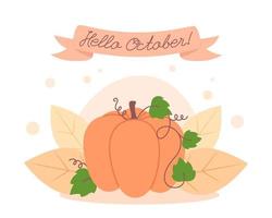 herfstkaart met pompoen, hallo oktober vector