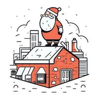 de kerstman claus Aan de dak van de huis. vector illustratie in lineair stijl.