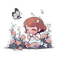 schattig weinig meisje spelen met bloemen en vlinders. vector illustratie.