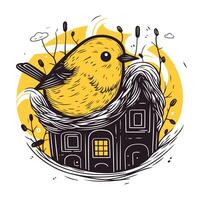 hand- getrokken vector illustratie van een schattig weinig vogel in een nest Aan een huis achtergrond.