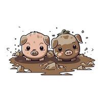 illustratie van een schattig varken en varkentje in de modder vector