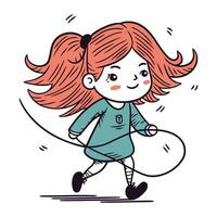 grappig weinig meisje rennen met een overslaan touw. vector illustratie.