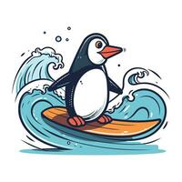 pinguïn surfing Aan de Golf. hand- getrokken vector illustratie.