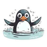 schattig pinguïn zwemmen in water. hand- getrokken vector illustratie.