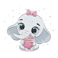 schattige babyolifant met cupcake. vectorillustratie. vector