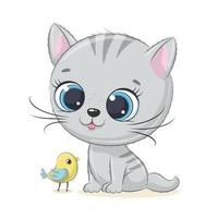 schattige babykat met vogel. vectorillustratie. vector