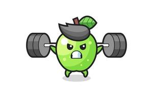 groene appel mascotte cartoon met een barbell vector