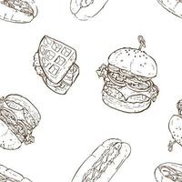 fastfood schets naadloze achtergrond, hamburger, wafel, hotdog vector