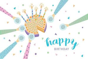 gelukkig verjaardag groet kaart. feestelijk taart met kaarsen. vector illustratie, tekenfilm ansichtkaart.