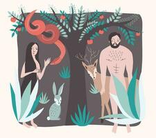 eerste mensen. vector illustratie verloren paradijs vlak stijl. Adam en vooravond in tuin van Eden met slang, dier, appel boom.