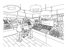 supermarkt interieur in hand- getrokken stijl. kruidenier op te slaan, groente afdeling. vector zwart en wit illustratie.