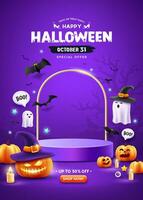 gelukkig halloween uitverkoop Purper podium, pompoen met hoed, geest, kaars, en knuppel Aan Purper poster folder ontwerp achtergrond, eps 10 vector illustratie