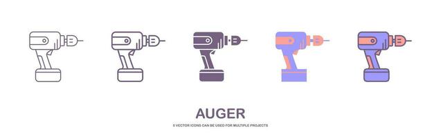 reeks van hand- boren icoon met 5 verschillend stijl. boren machine icoon voor klusjesman concept. huishouden instrument in tekenfilm. elektrisch apparaat voor klusjesman. wiebelen, avegaar, bitbrace vector illustratie