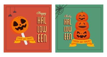 set poster van feest halloween met pompoenen en snoep vector