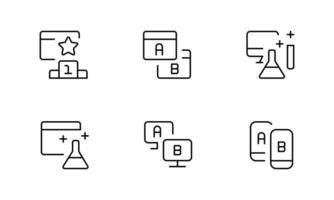 ab testen, reis pad kaart en vraag Mark pictogrammen. ux lijn pictogrammen. bruikbaarheid quiz testen, ux ui en gebruiker stromen. project werkwijze, ab testen grafiek, enquête test resultaten. gebruik voor ui en mobiel app, web vector