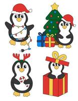 reeks van tekenfilm Kerstmis en nieuw jaar pinguïn karakters. schattig pinguïns in geschenk doos, guirlande, snoep riet, hert gewei hoofdband, Kerstmis boom. vector vlak illustratie.