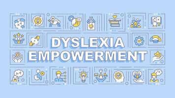dyslexie empowerment tekst met divers dun lijn pictogrammen concept Aan blauw monochromatisch achtergrond, bewerkbare 2d vector illustratie.