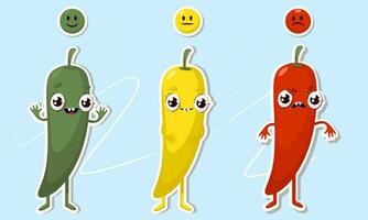 Chili peper pittig voedsel niveau stickers. verdrietig en positief chili.hand getrokken stijl vector ontwerp illustraties