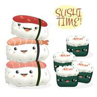 schattig sushi tijd kawaii stijl met glimlachen gezicht vector