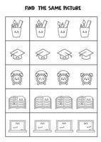 zoek twee dezelfde schoolspullen. zwart-wit werkblad. vector