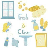 het wassen en schoonmaak ramen hand- getrokken groot set. vector illustratie