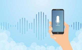 spraakherkenningstechnologie met smartphone in de hand en ruisgolf vector