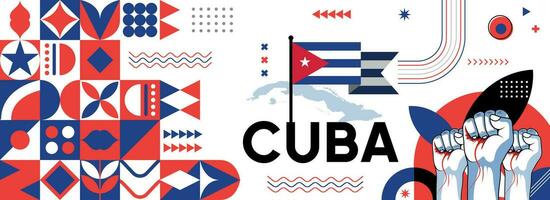 Cuba nationaal of onafhankelijkheid dag banier voor land viering. vlag en kaart van Cuba met verheven vuisten. modern retro ontwerp met typografie abstract meetkundig pictogrammen . vector illustratie.