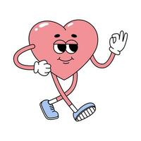 groovy hippie roze hart karakter wandelen. tekenfilm karakter in modieus retro stijl voor valentijnsdag dag ontwerp. liefde concept. geïsoleerd vector illustratie