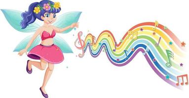 schattige fee stripfiguur met melodie regenbooggolf vector