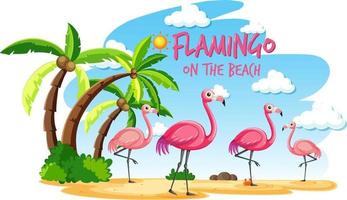 flamingo op het strand spandoek met veel kinderen op het strand vector