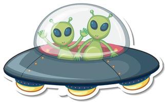 stickersjabloon met twee buitenaardse monsters in ufo geïsoleerd vector