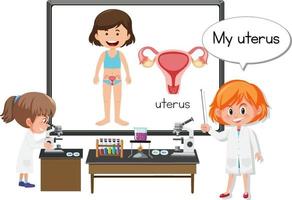jonge dokter die de anatomie van de baarmoeder uitlegt vector