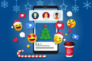 Kerstmis sociaal media platform, online communicatie spandoek. 3d elementen. positief emoticons vector