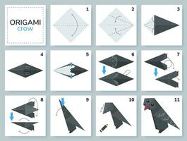 vogel origami regeling zelfstudie in beweging model. origami voor kinderen. stap door stap hoe naar maken een schattig origami kraai. vector illustratie.