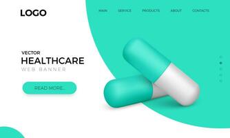 web banier met realistisch groen capsule pillen. gezondheidszorg en geneeskunde poster. vector illustratie