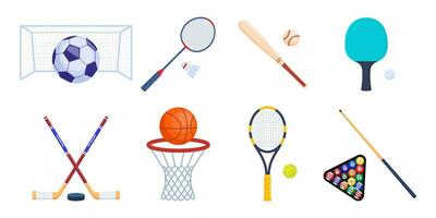 sport- uitrusting voor tennis, badminton, basketbal, tafel tennis, basketbal, biljart, voetbal, hockey. rackets, ballen, shuttle, stok. vector illustratie.