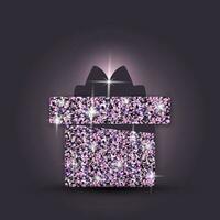 roze luxe schitteren geschenk doos geïsoleerd Aan zwart achtergrond. 3d realistisch presentatie doos. modern glimmend Cadeau met omslag, lintje. vector illustratie voor vakantie, uitnodiging, verjaardag, bedrijf