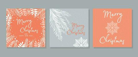 vrolijk Kerstmis groet kaarten. feestelijk achtergrond met Kerstmis boom takken en sneeuwvlokken. vector