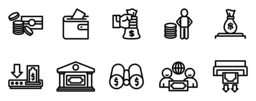 financieel icoon ontwerp set. bevat pictogrammen van leningen, contant geld, besparingen, financieel doelen, winst, budgetten, wederzijds fondsen, banken, inkomen geld, en inkomen. vector