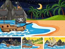 verschillende oceanen met piratenschip in cartoonstijl vector