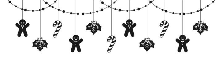 vrolijk Kerstmis grens banier silhouet, hangende peperkoek koekjes guirlande. winter vakantie seizoen hoofd decoratie. web banier sjabloon. vector illustratie.