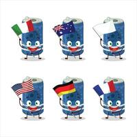 BES Frisdrank kan tekenfilm karakter brengen de vlaggen van divers landen vector