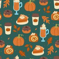 naadloos herfst patroon met pompoen drankjes en desserts. vector grafiek.