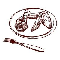 een stuk van kip, aardappel plakjes, een vork. vector illustratie van voedsel in grafisch stijl. ontwerp element voor menu's van restaurants, cafés, voedsel etiketten, dekt.