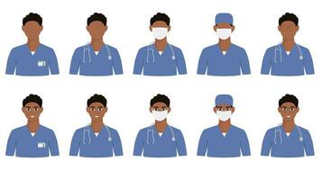 donker huid mannetje dokter in blauw uniform vector